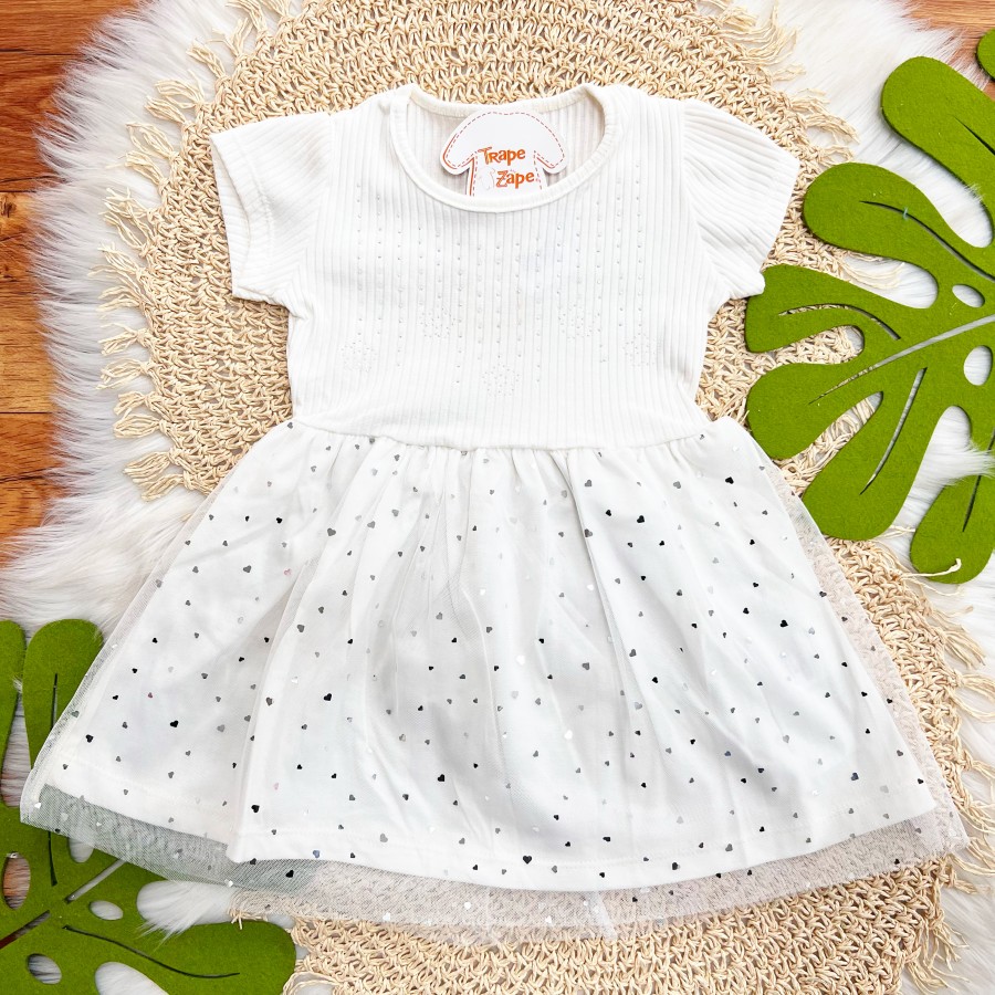  Vestido Manga Curta com Tule de Corações - Off White 